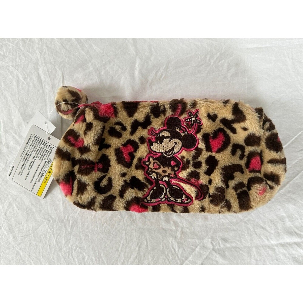 Minnie Cosmetic/Pen Bag Muffler Pink Leopard Pattern Fluffy Tokyo Disney Japan
